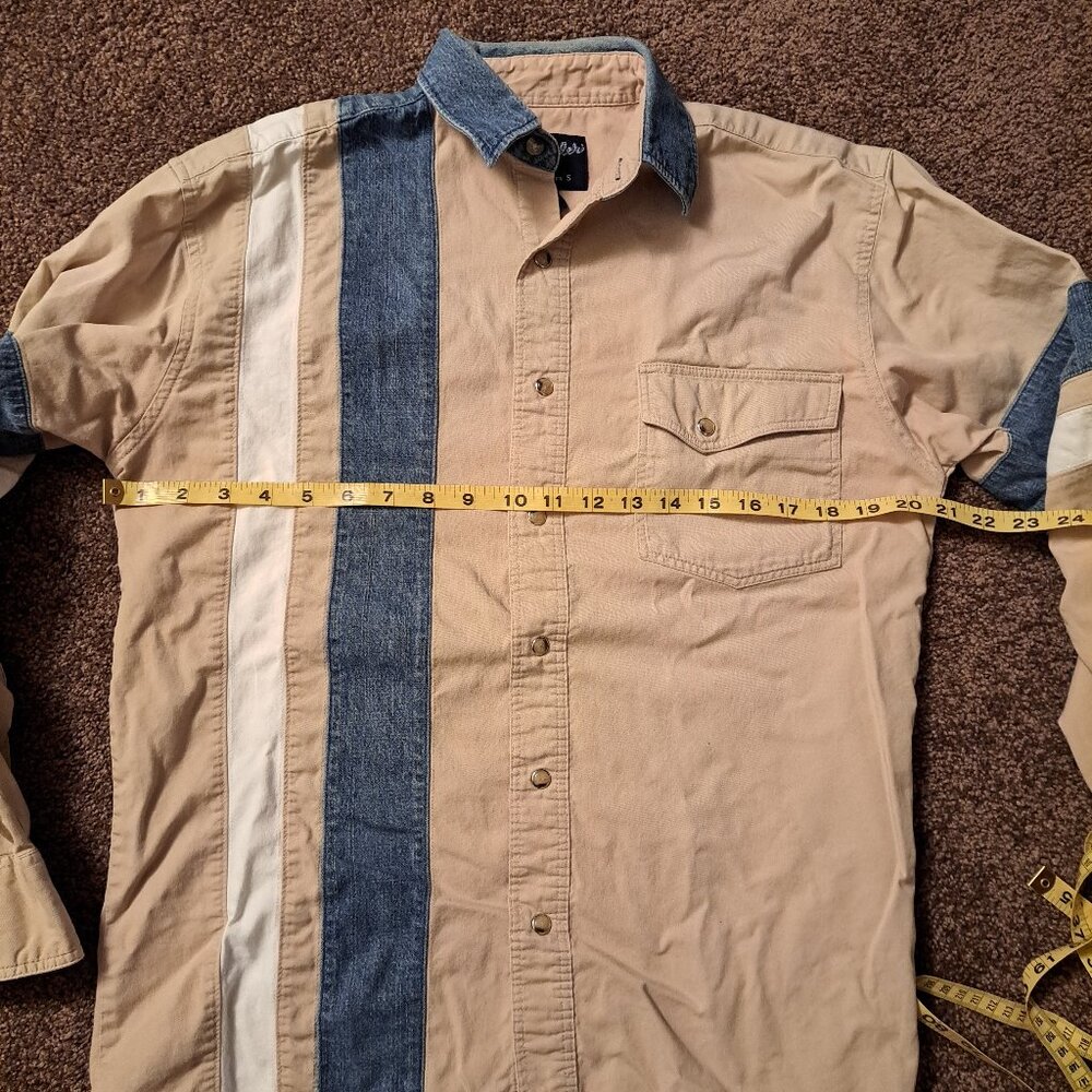 Vtg Wrangler Western long-sleeve Pearl-Snap Denim Shirt in Colorblock Pattern - Picture 3 of 5